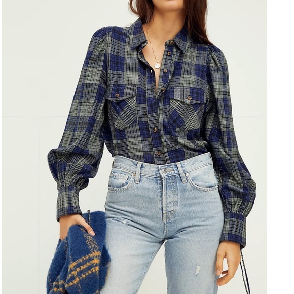 Free People We The Free Blue Green Button Down Sun City Plaid Top Size Medium - Picture 1 of 7